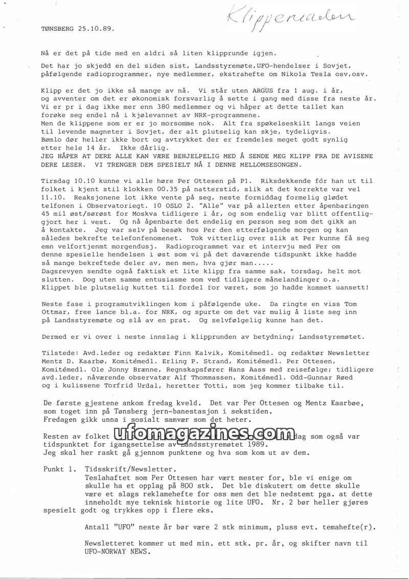 Cover of Klipprunden (Odd-Gunnar Roed) issue 7: UFO-NORWAY NEWS