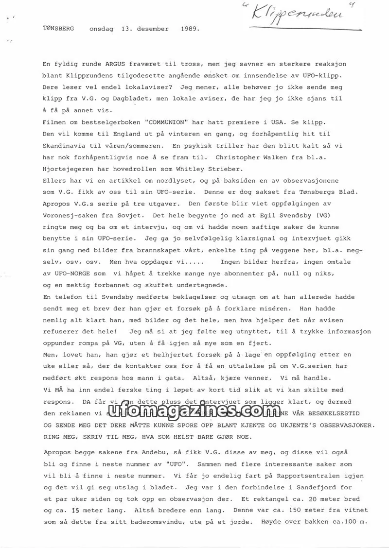 Cover of Klipprunden (Odd-Gunnar Roed) issue 13. desember 1989: TØNSBERG