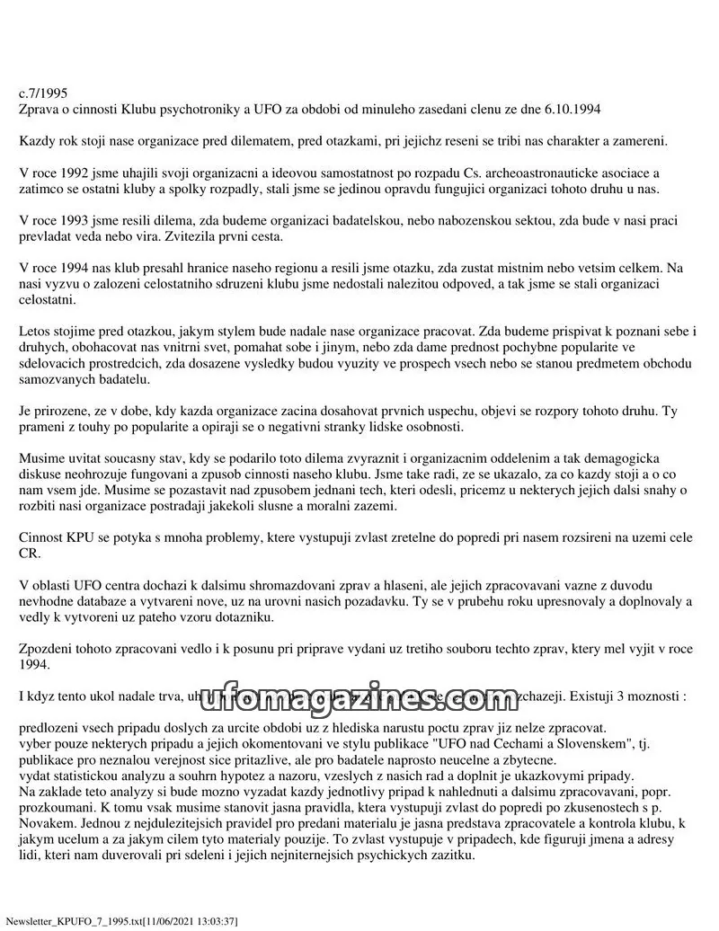 Cover of KPUFO Informacni bulletin issue 7/1995: Newsletter KPUFO