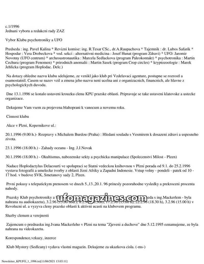Cover of KPUFO Informacni bulletin issue 1/1996: Newsletter KPUFO