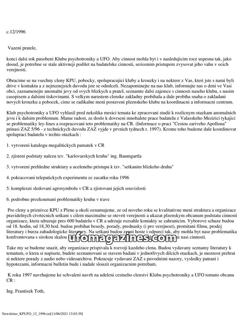 Cover of KPUFO Informacni bulletin issue 12/1996: Newsletter KPU UFO