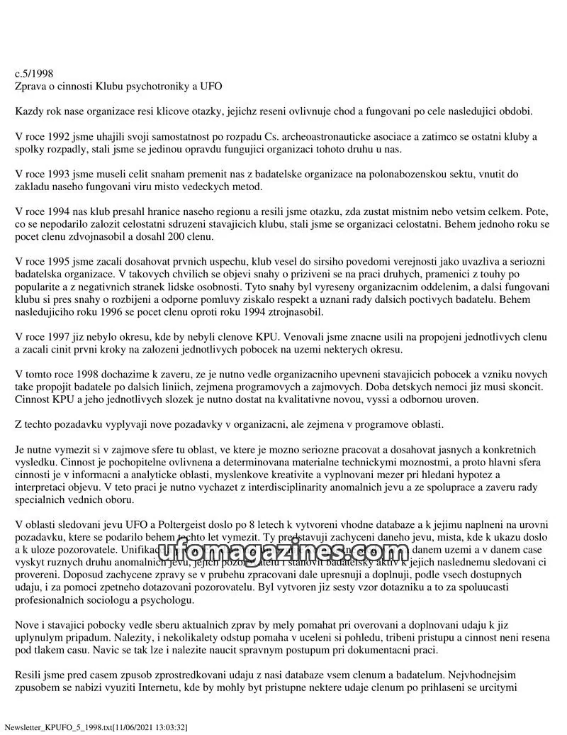 Cover of KPUFO Informacni bulletin issue 5/1998: Newsletter KPU FO