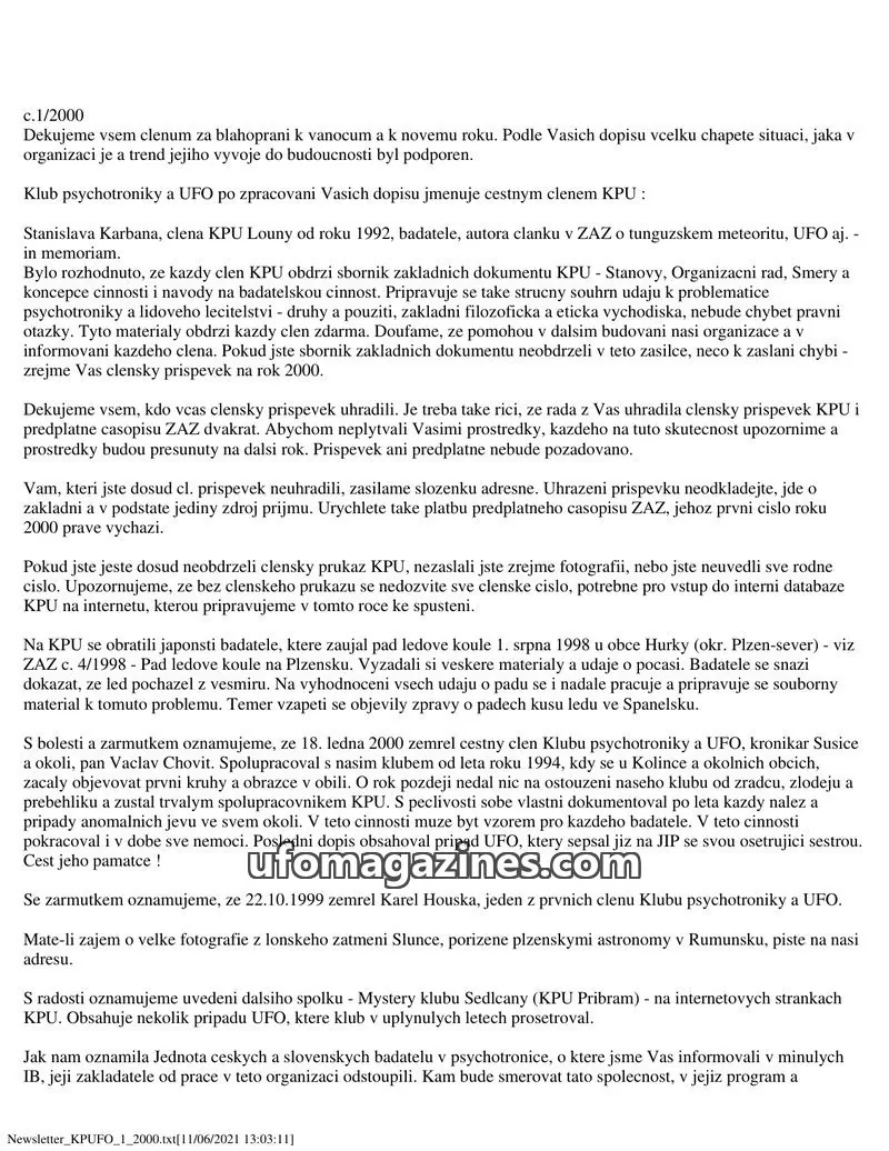 Cover of KPUFO Informacni bulletin issue 1/2000: Newsletter KPU FO