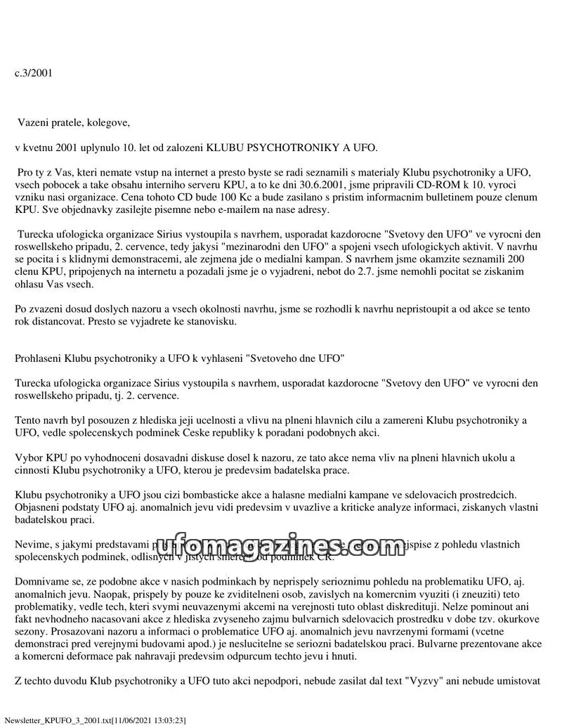 Cover of KPUFO Informacni bulletin issue 3/2001: Newsletter KPUFO