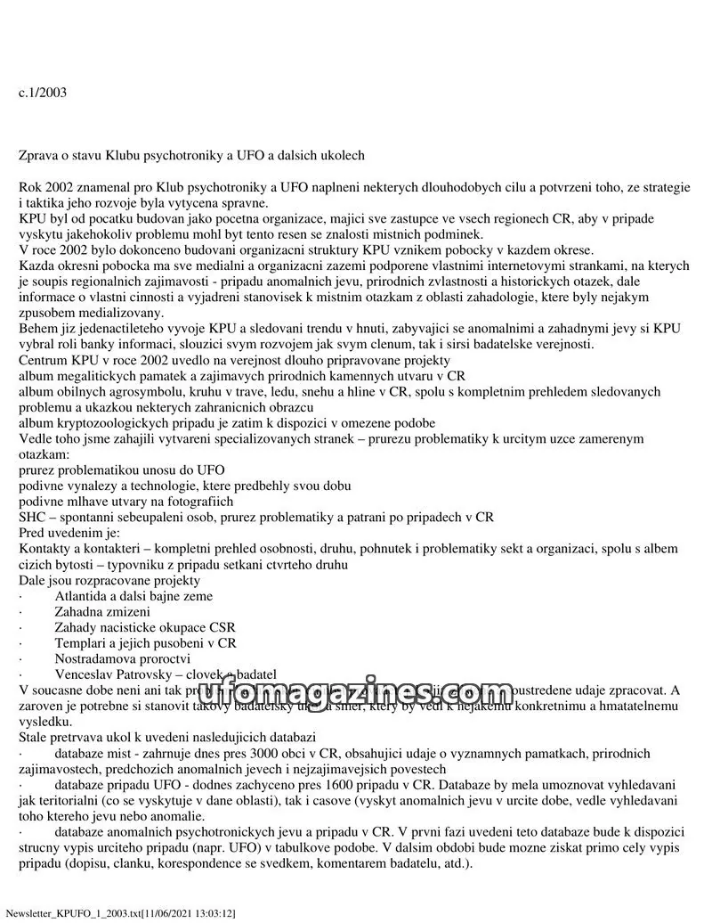 Cover of KPUFO Informacni bulletin issue 1/2003: Newsletter KPUFO