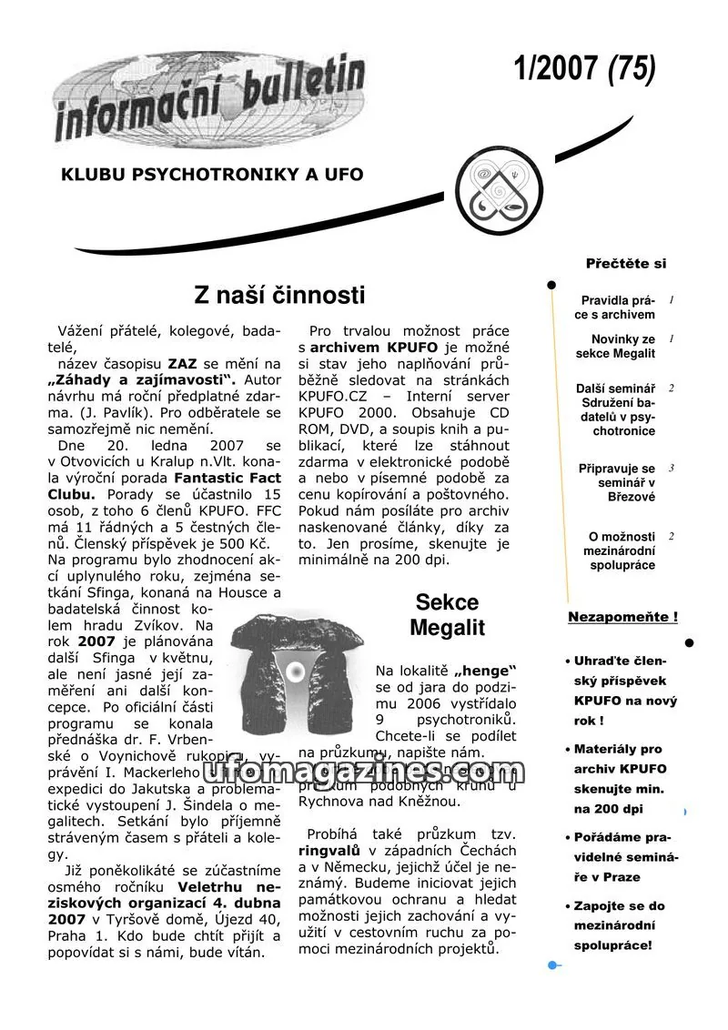 Cover of KPUFO Informacni bulletin issue 1/2007 (75): informační bulletin