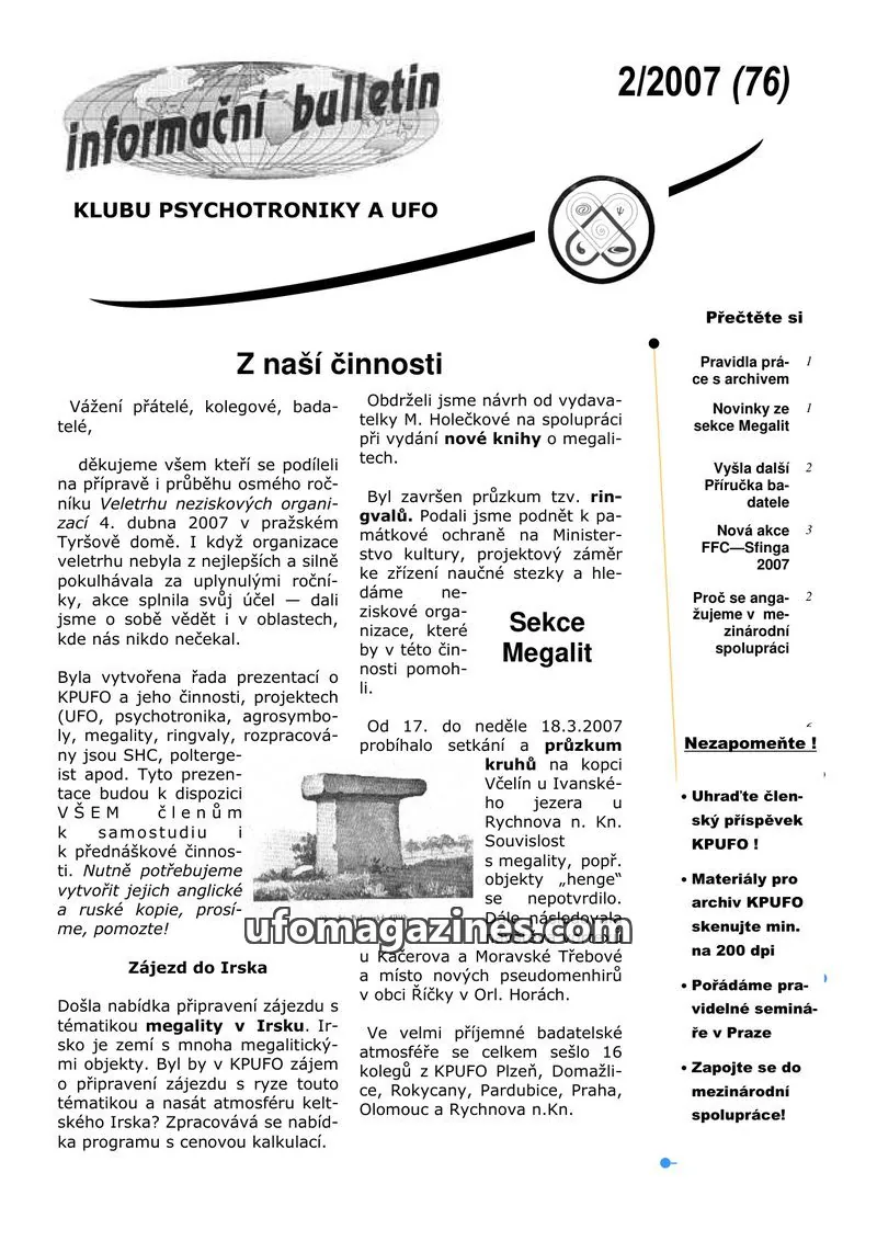 Cover of KPUFO Informacni bulletin issue 2/2007 (76): informační bulletin