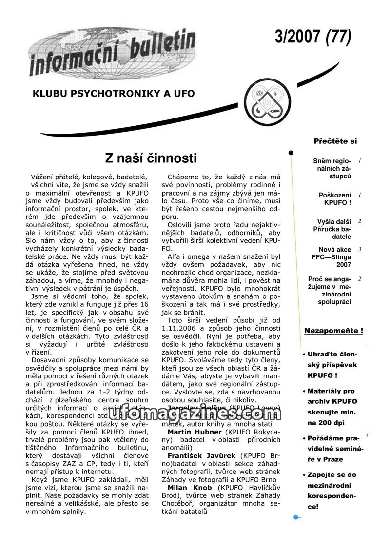 Cover of KPUFO Informacni bulletin issue 3/2007 (77): informační bulletin