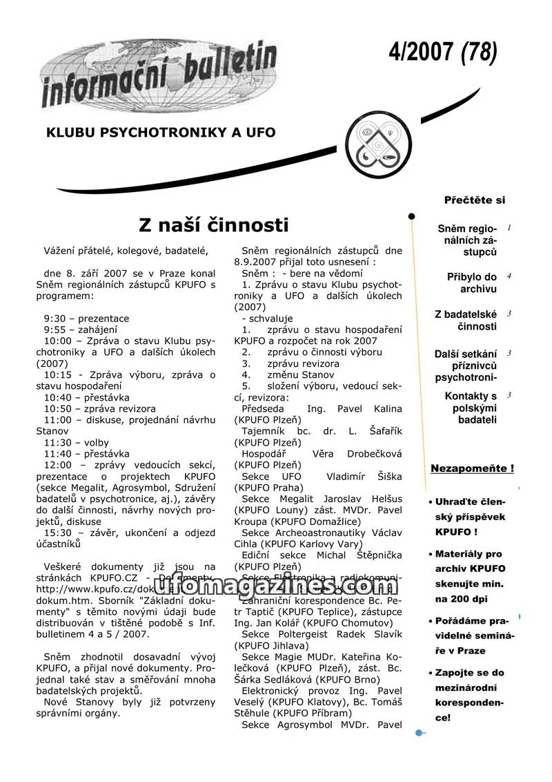 Cover of KPUFO Informacni bulletin issue 4/2007 (78): informační bulletin