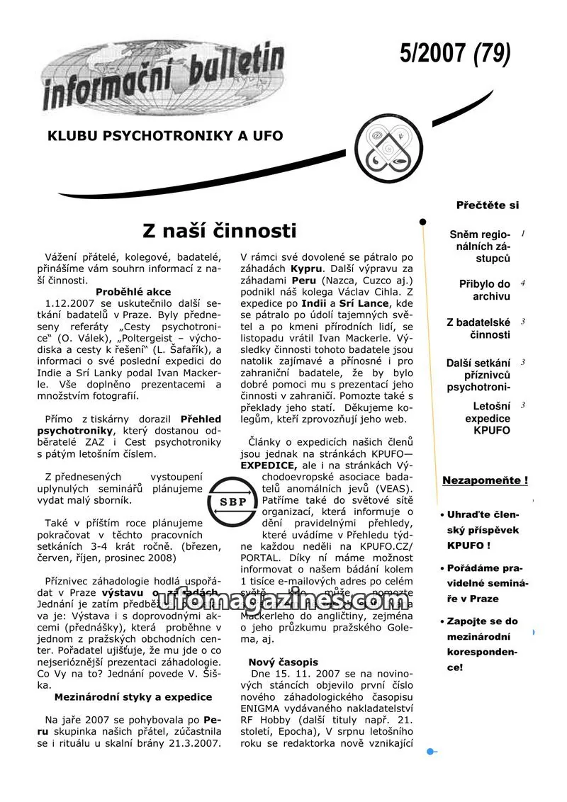 Cover of KPUFO Informacni bulletin issue 5/2007 (79): informační bulletin