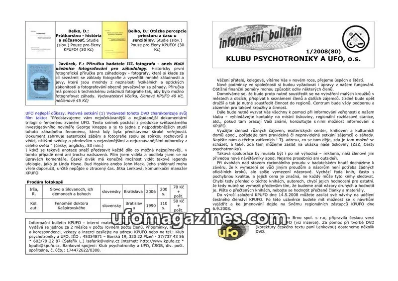Cover of KPUFO Informacni bulletin issue 1/2008(80): informační bulletin