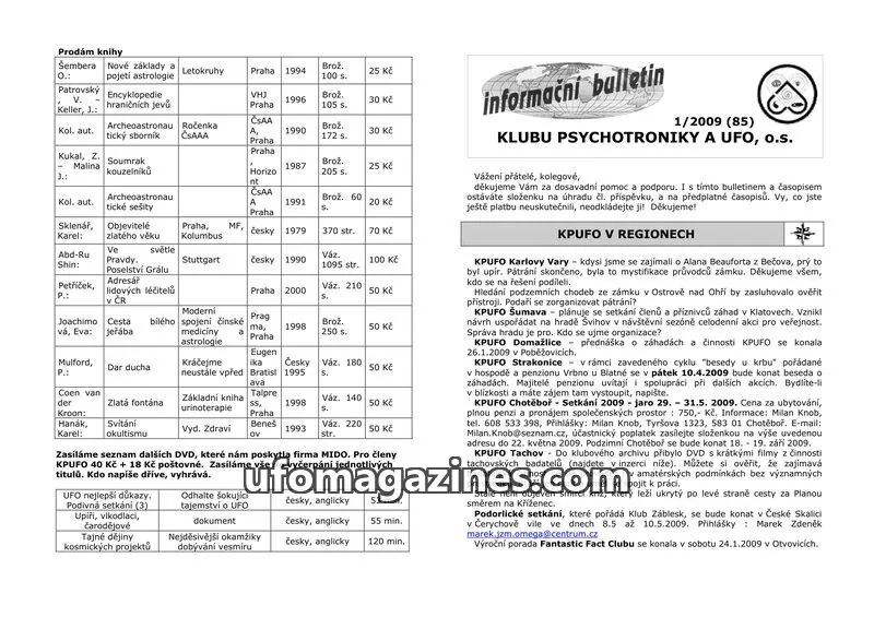 Cover of KPUFO Informacni bulletin issue 1/2009 (85): informační bulletin