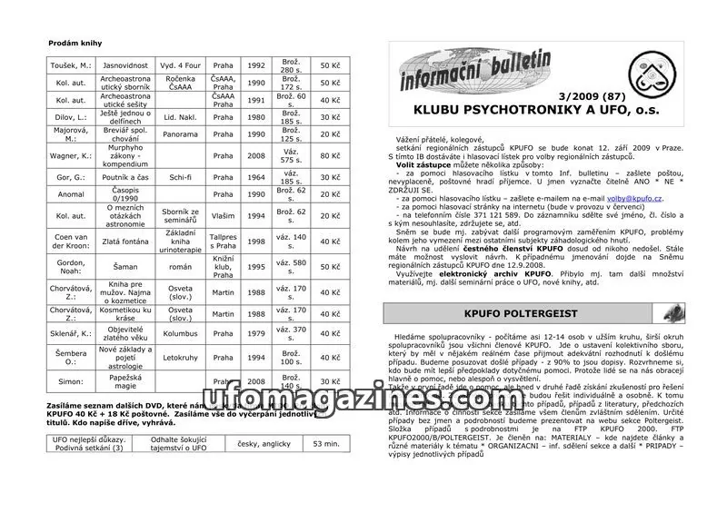 Cover of KPUFO Informacni bulletin issue 3/2009 (87): informační bulletin
