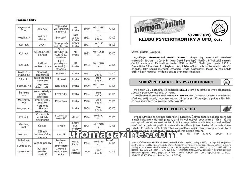 Cover of KPUFO Informacni bulletin issue 5/2009 (89): informační bulletin