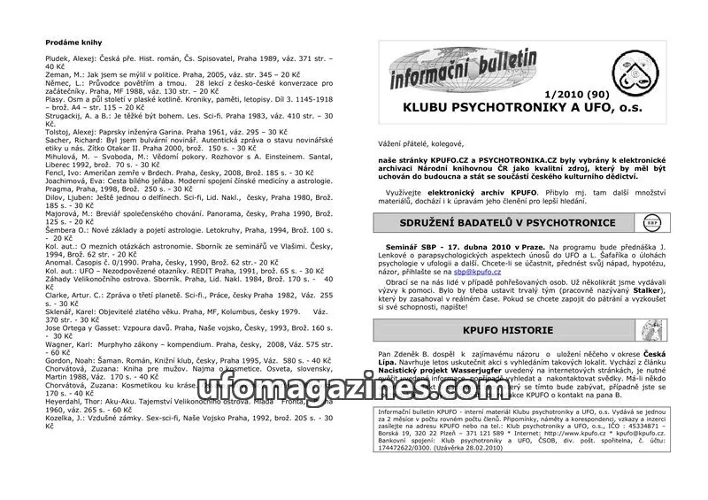 Cover of KPUFO Informacni bulletin issue 1/2010 (90): informační bulletin