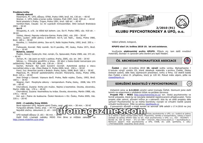 Cover of KPUFO Informacni bulletin issue 2/2010 (91): informační bulletin