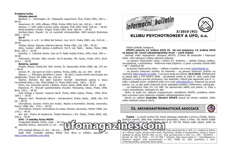 Cover of KPUFO Informacni bulletin issue 3/2010 (92): informační bulletin