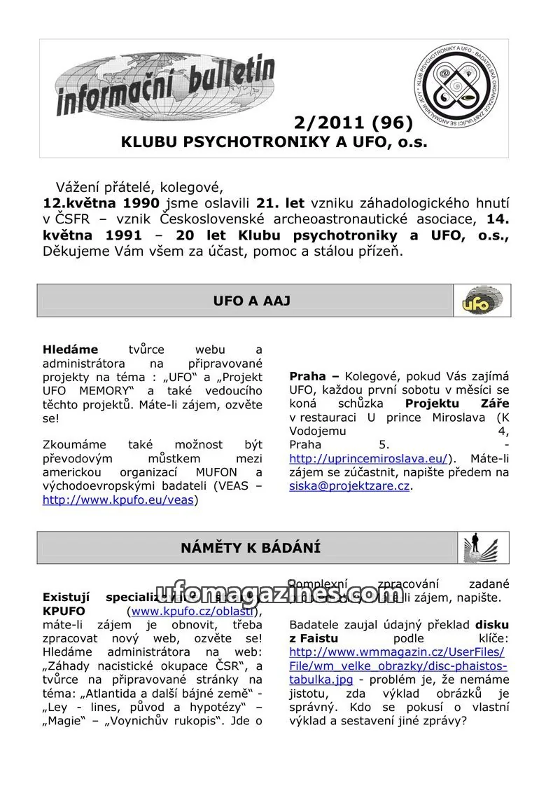 Cover of KPUFO Informacni bulletin issue 2/2011 (96): informační bulletin