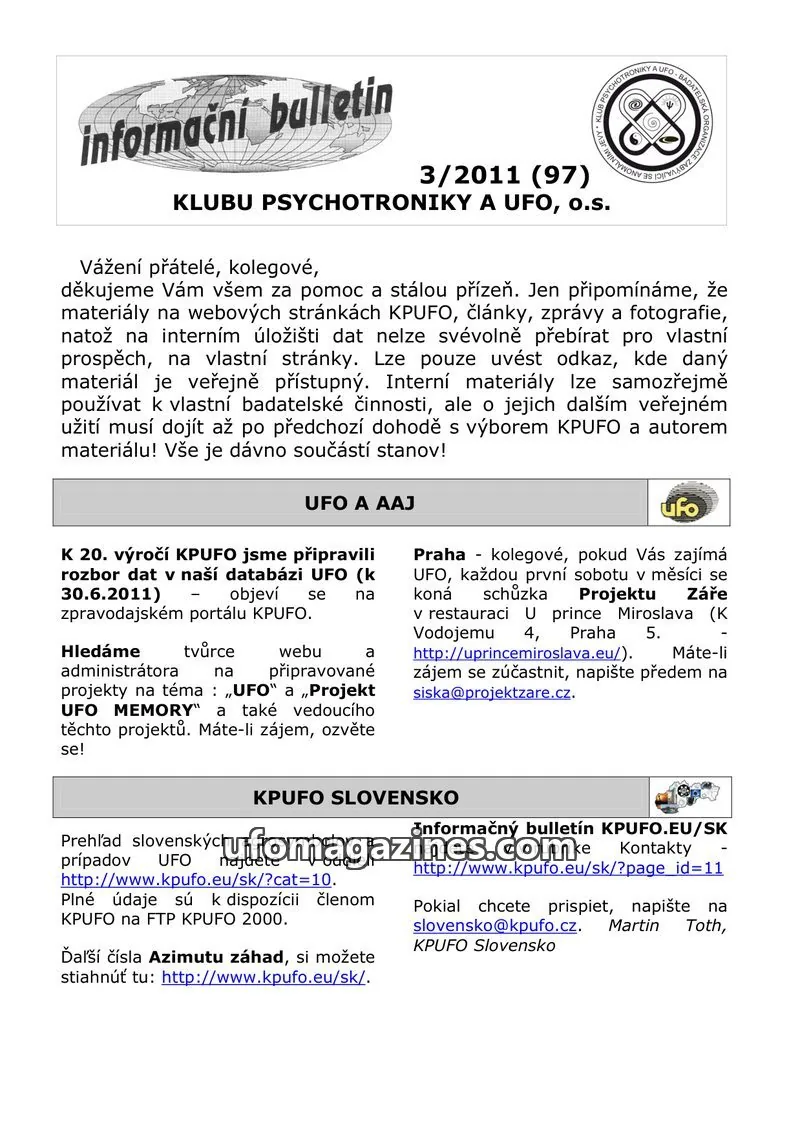 Cover of KPUFO Informacni bulletin issue 3/2011 (97): informační bulletin