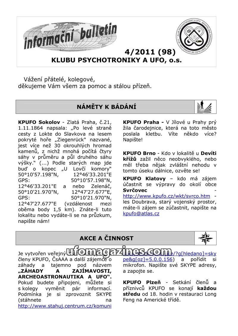 Cover of KPUFO Informacni bulletin issue 4/2011 (98): informační bulletin