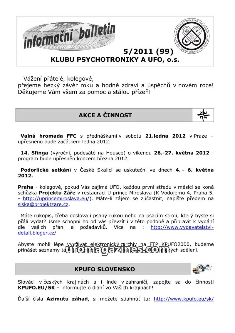 Cover of KPUFO Informacni bulletin issue 5/2011 (99): informační bulletin