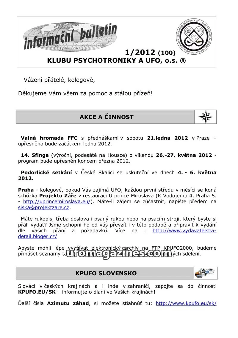 Cover of KPUFO Informacni bulletin issue 1/2012 (100): informační bulletin