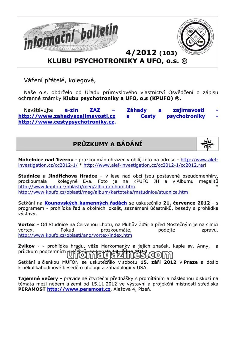 Cover of KPUFO Informacni bulletin issue 4/2012 (103): informační bulletin