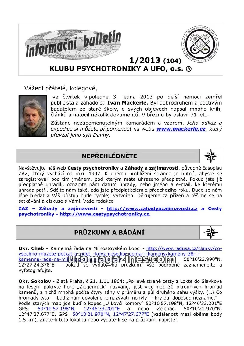 Cover of KPUFO Informacni bulletin issue 1/2013 (104): informační bulletin