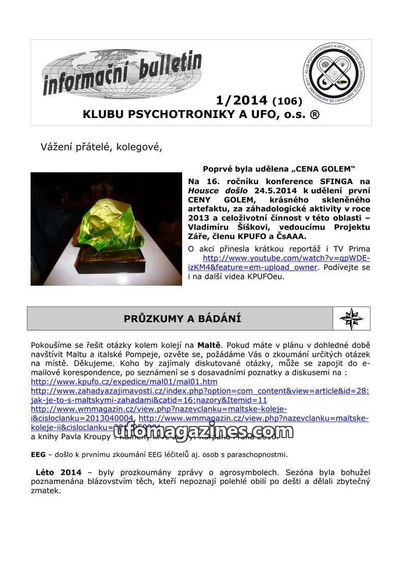 Cover of KPUFO issue 1/2014 (106): informační bulletin