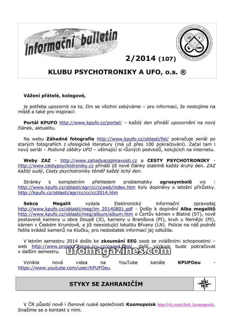 Cover of KPUFO Informacni bulletin issue 2/2014 (107): informační bulletin