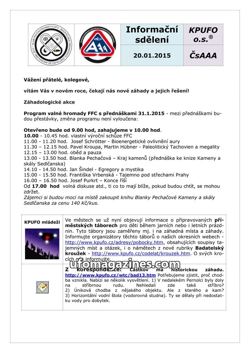 Cover of KPUFO Informacni sdeleni issue 20.01.2015: Informační sdělení