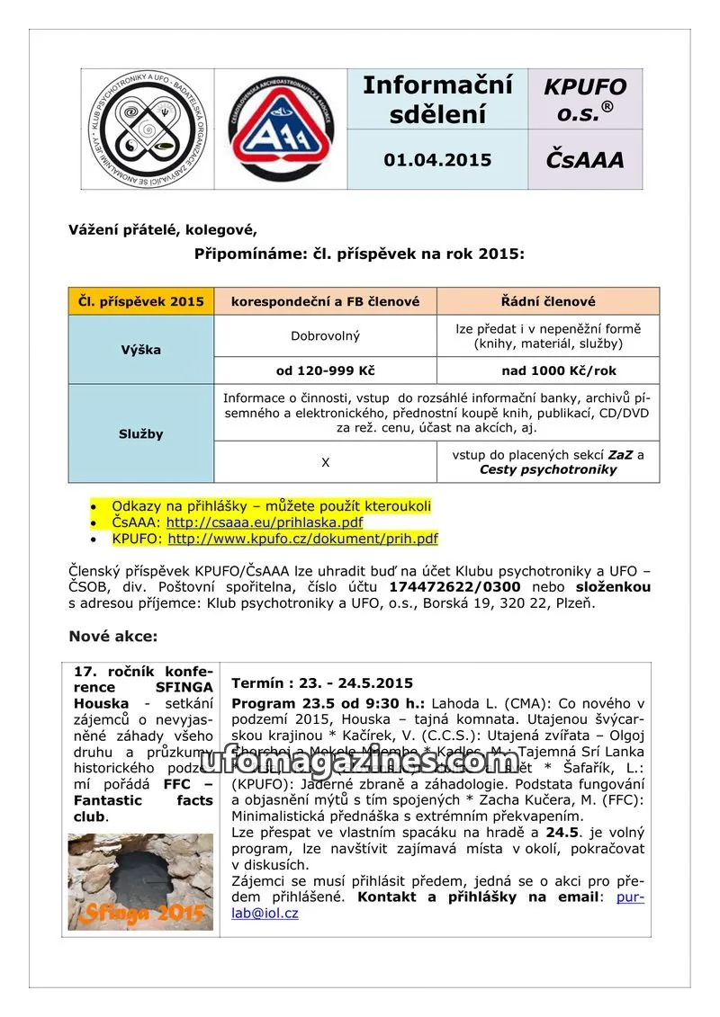Cover of KPUFO issue April 2015: Informační sdělení