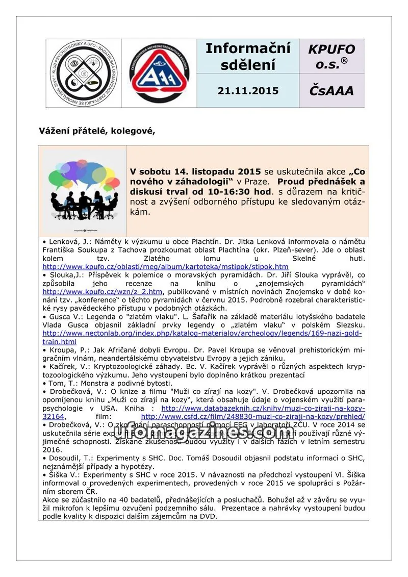 Cover of KPUFO Informacni sdeleni issue 21.11.2015: Informační sdělení