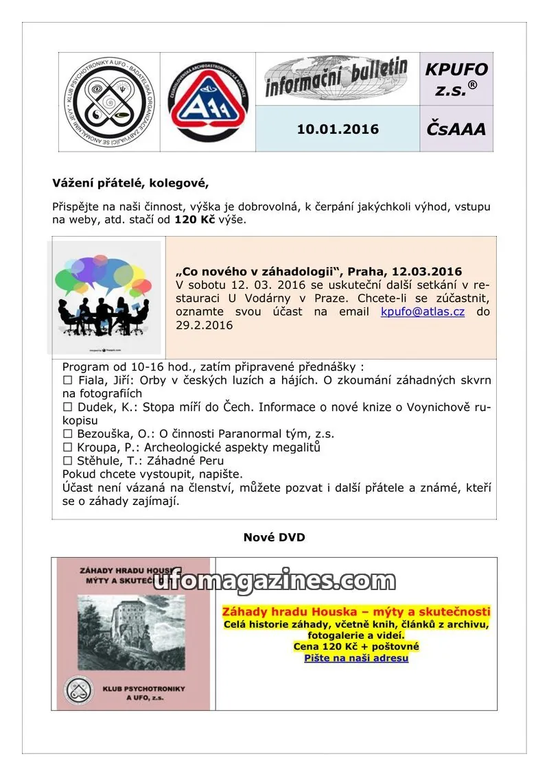 Cover of KPUFO Informacni sdeleni issue 10.01.2016: informační bulletin KPUFO