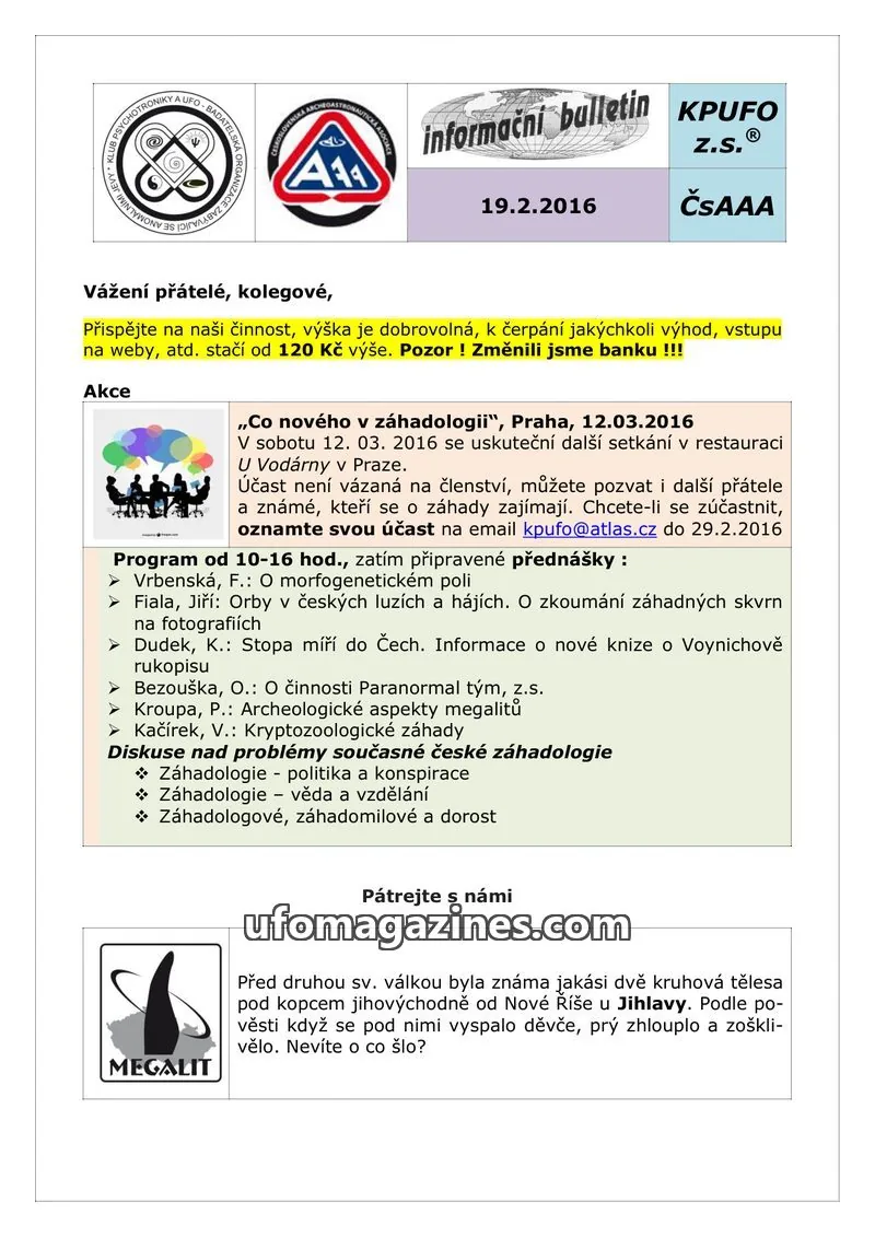 Cover of KPUFO Informacni sdeleni issue 19.2.2016: informační bulletin KPUFO