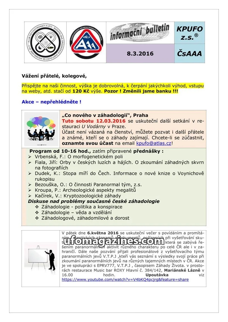 Cover of KPUFO Informacni sdeleni issue 8.3.2016: informační bulletin