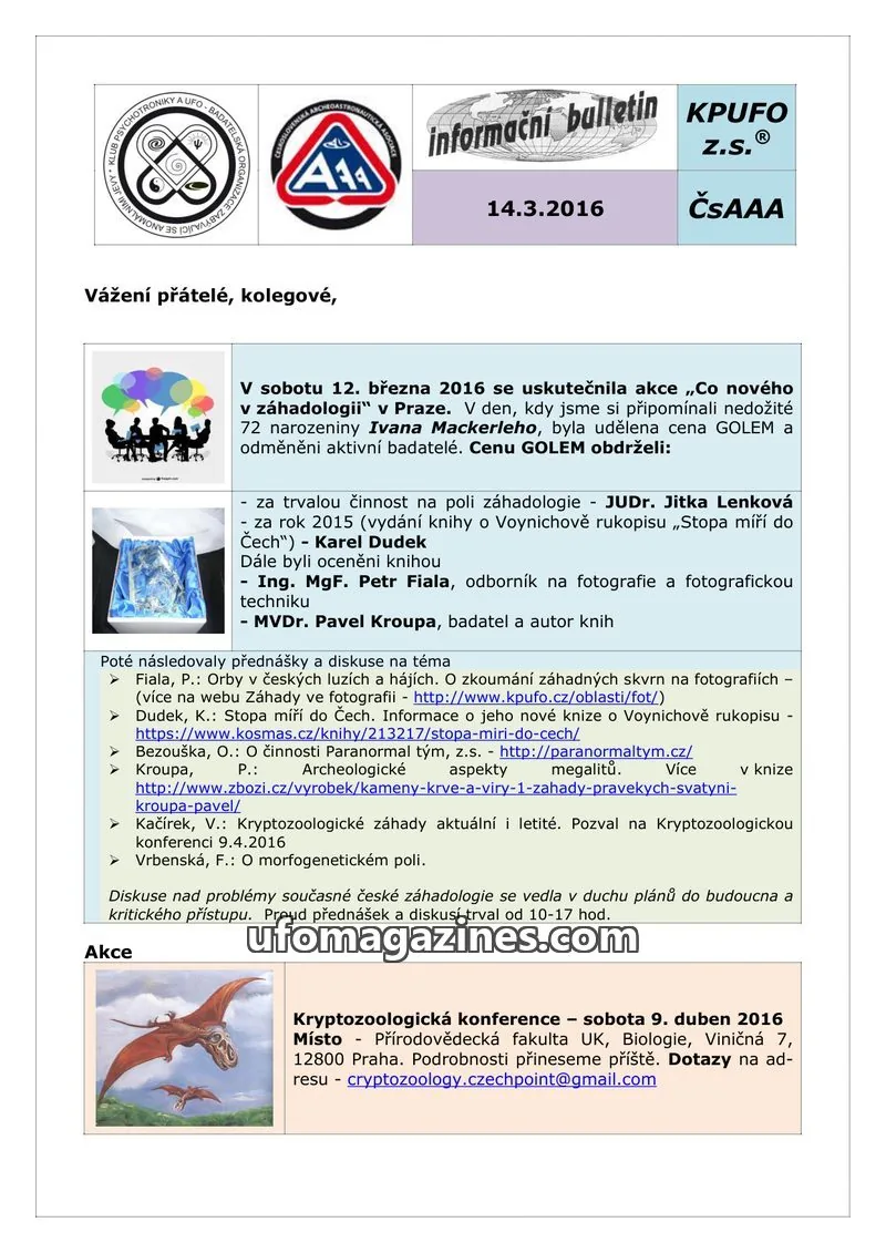 Cover of KPUFO Informacni sdeleni issue 14.3.2016: informační bulletin
