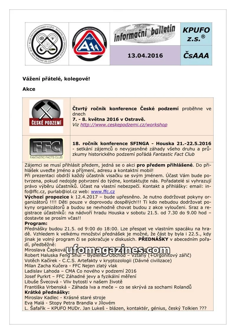 Cover of KPUFO Informacni sdeleni issue 13.04.2016: informační bulletin