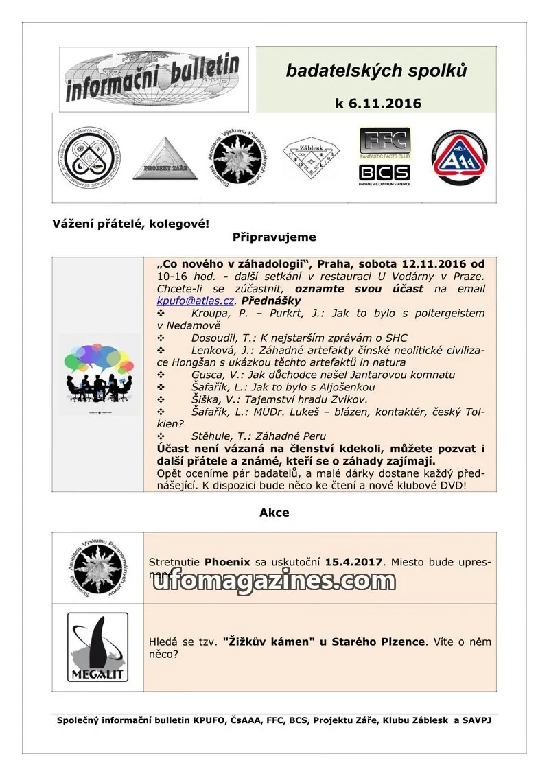Cover of KPUFO Informacni sdeleni issue k 6.11.2016: informační bulletin badatelských spolků