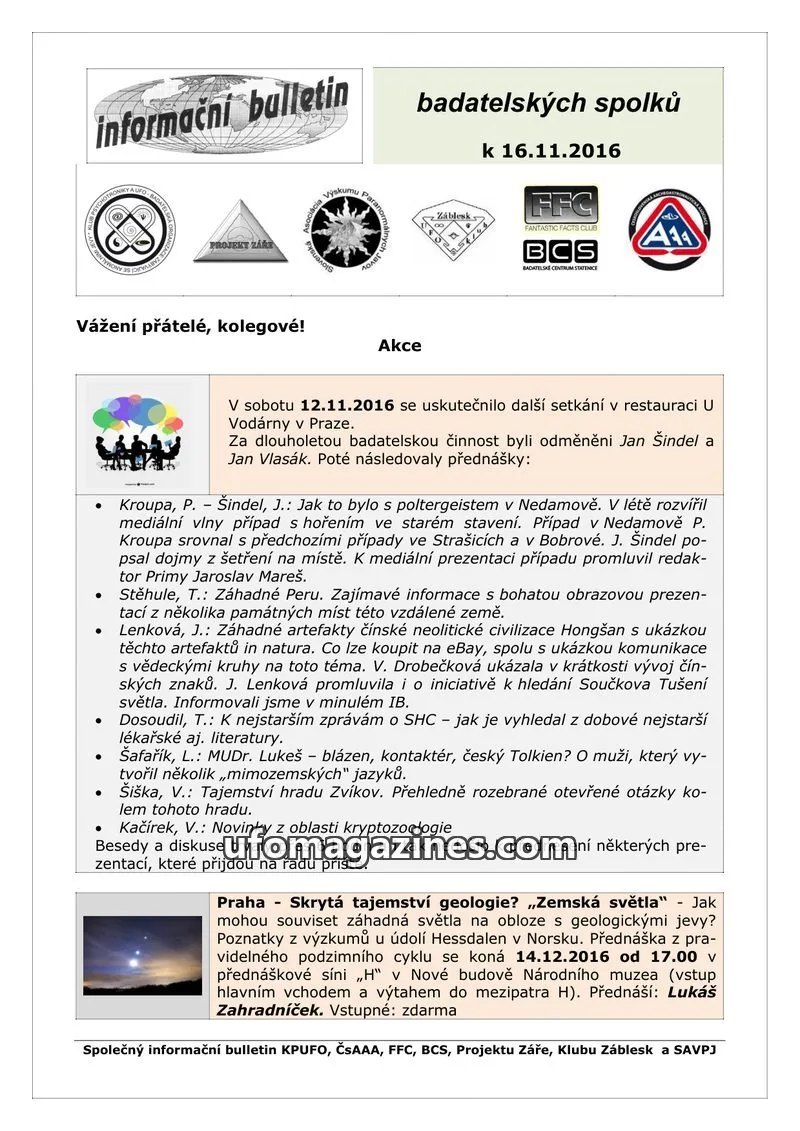 Cover of KPUFO Informacni sdeleni issue k 16.11.2016: informační bulletin badatelských spolků