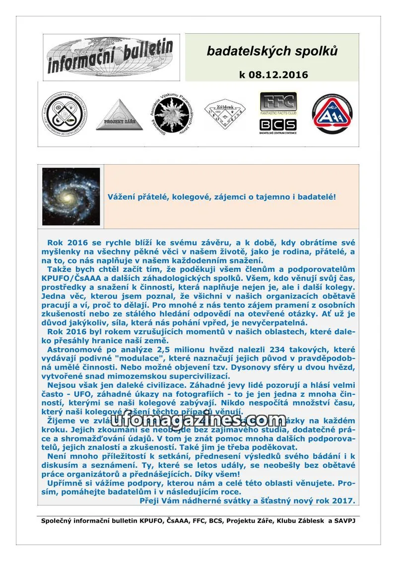 Cover of KPUFO Informacni sdeleni issue 08.12.2016: informační bulletin badatelských spolků