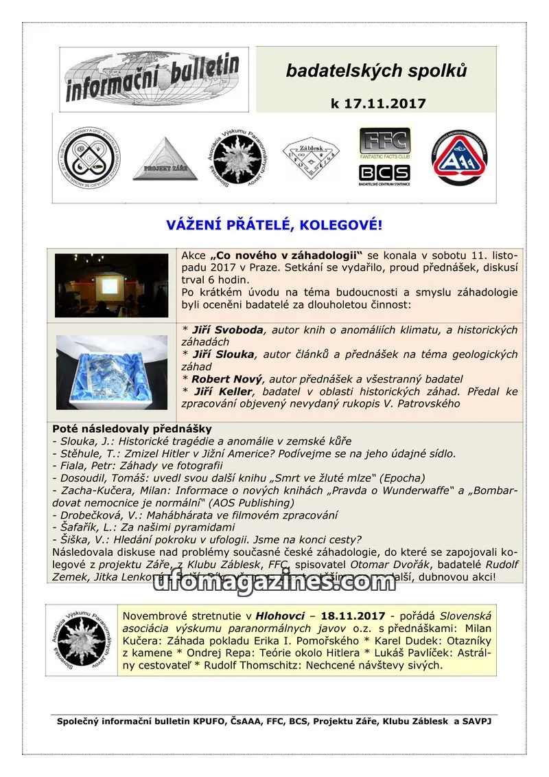 Cover of KPUFO Informacni sdeleni issue 17.11.2017: informační bulletin badatelských spolků