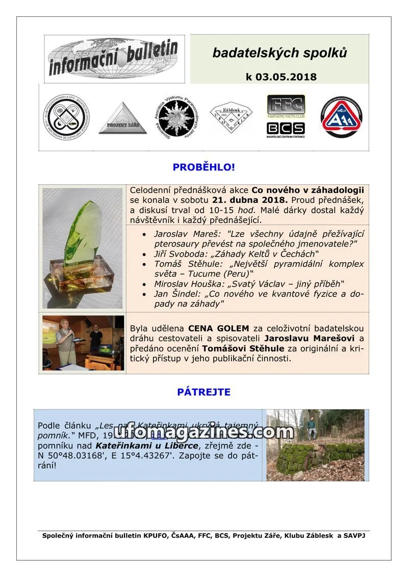 Cover of KPUFO Informacni sdeleni issue May 3, 2018: informační bulletin