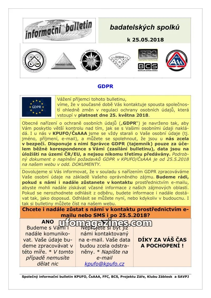 Cover of KPUFO Informacni sdeleni issue May 2018: informační bulletin