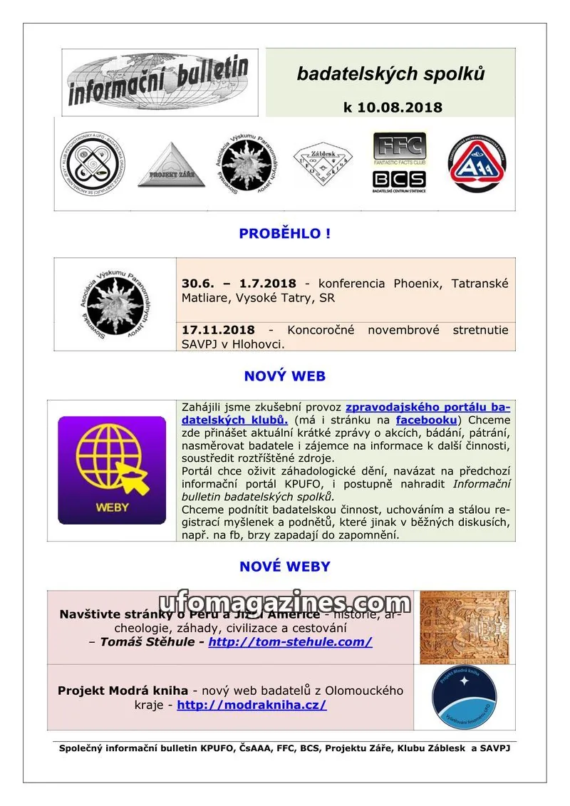 Cover of KPUFO Informacni sdeleni issue 10.08.2018: informační bulletin