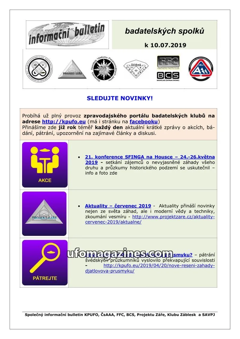 Cover of KPUFO Informacni sdeleni issue k 10.07.2019: informační bulletin badatelských spolků