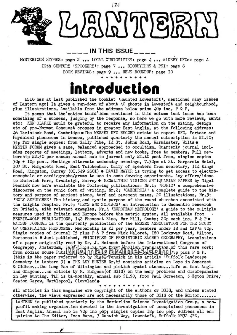 Cover of Borderline Science Investigation Group issue Winter 1974/1975 (implied by content): LANTERN