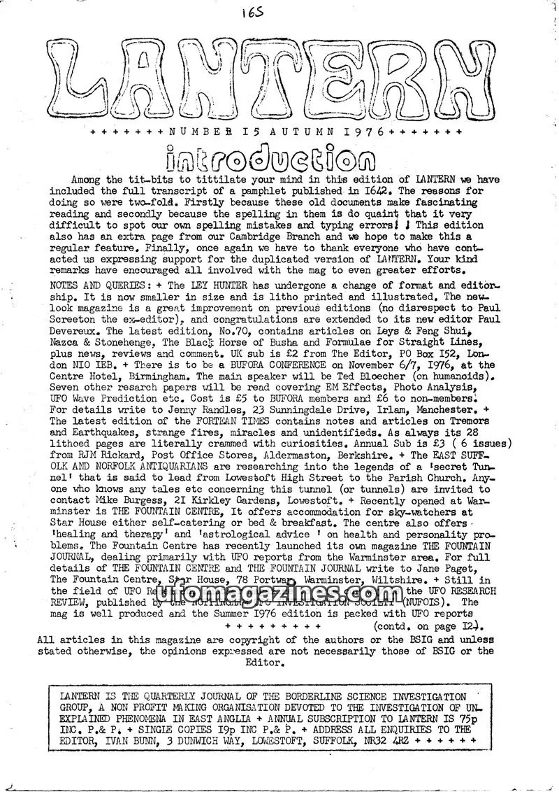 Cover of BORDERLINE SCIENCE INVESTIGATION GROUP issue AUTUMN 1976: LANTERN