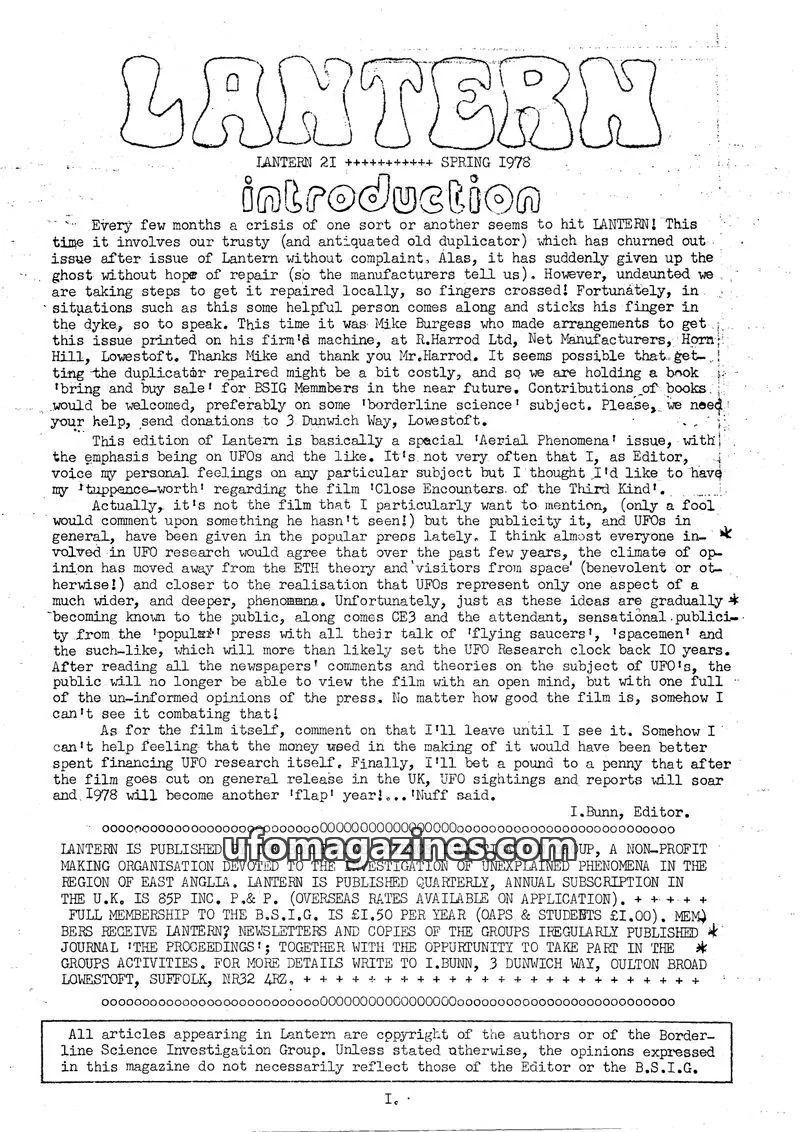 Cover of Borderline Science Investigation Group issue 21: LANTERN