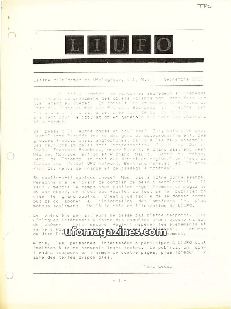 Cover of LIUFO issue V.1, N.1: LIUFO